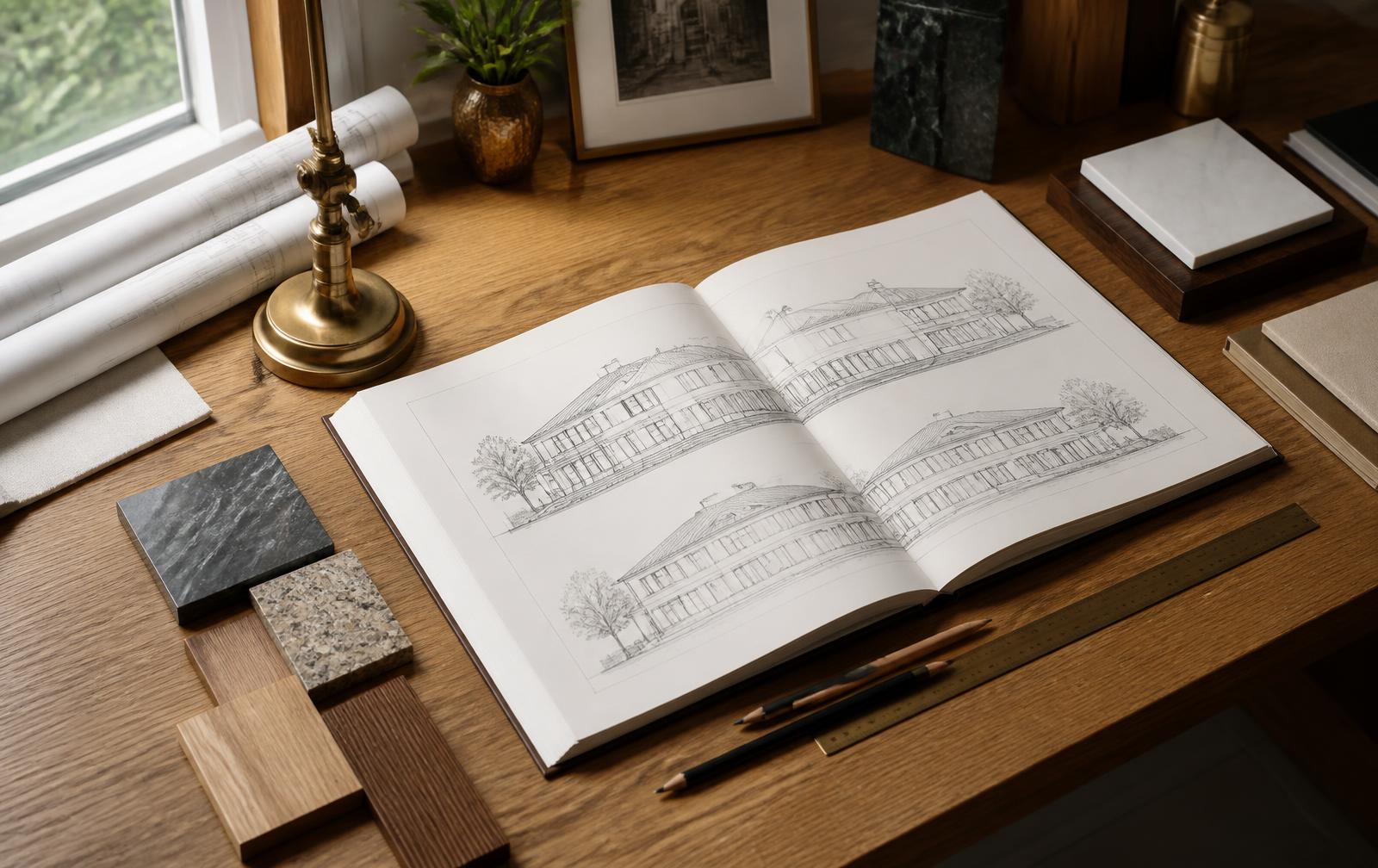 An architect's desk with residential elevation drawings, scale rule, and material samples
