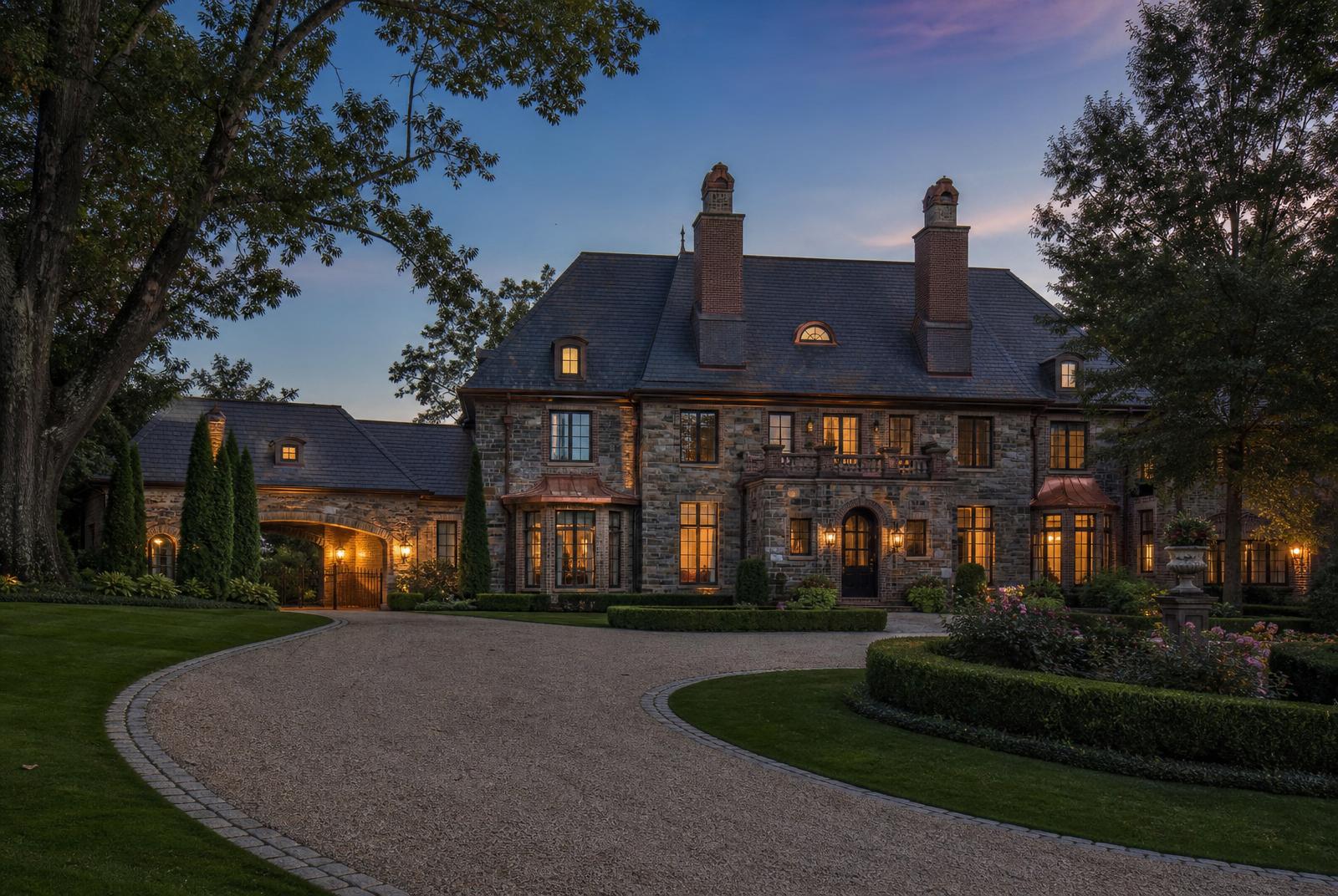 Luxury estate home exterior at dusk with warm interior light