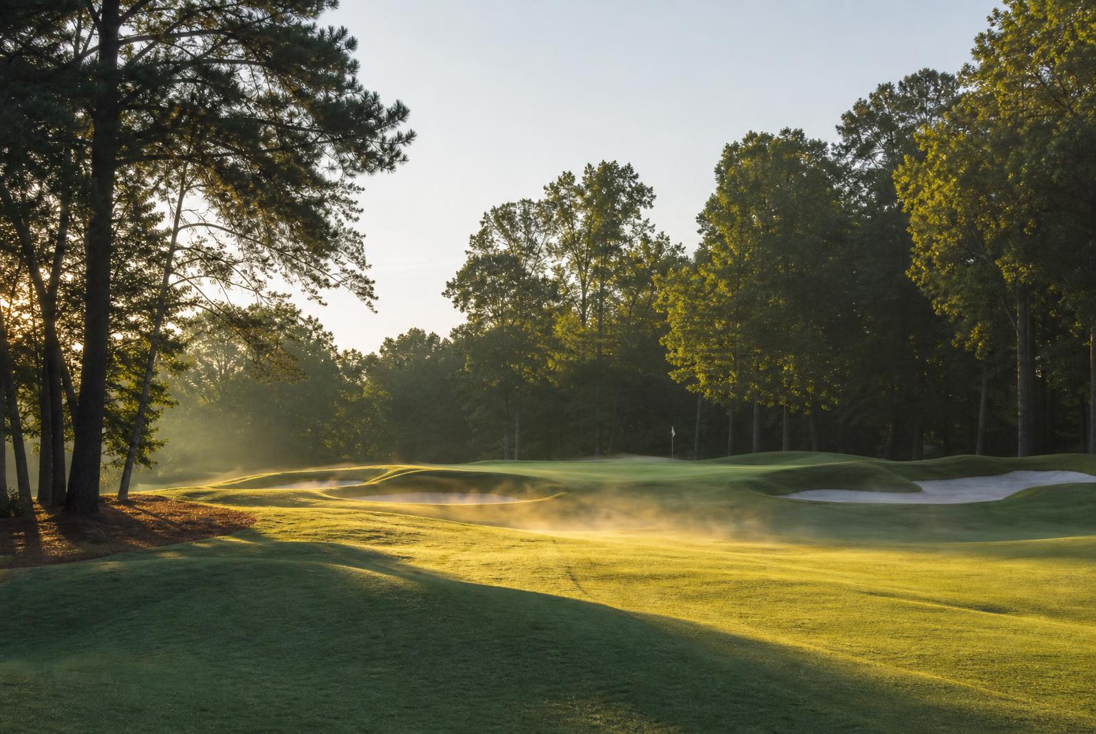 Golf course green at sunrise with mist and water