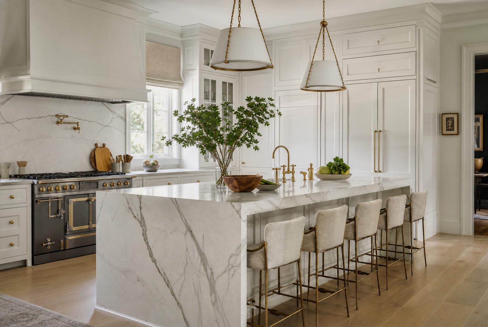 Luxury custom kitchen with oak cabinetry and marble
