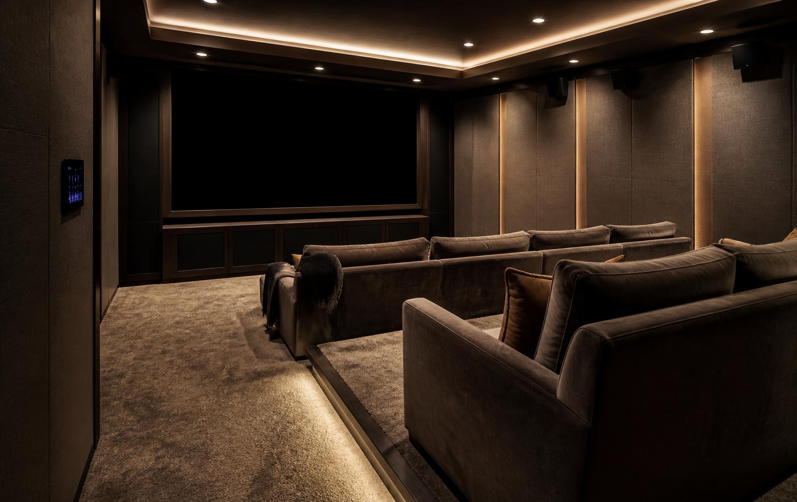 A luxury home media room with tiered seating, acoustic panels, and a wall control keypad