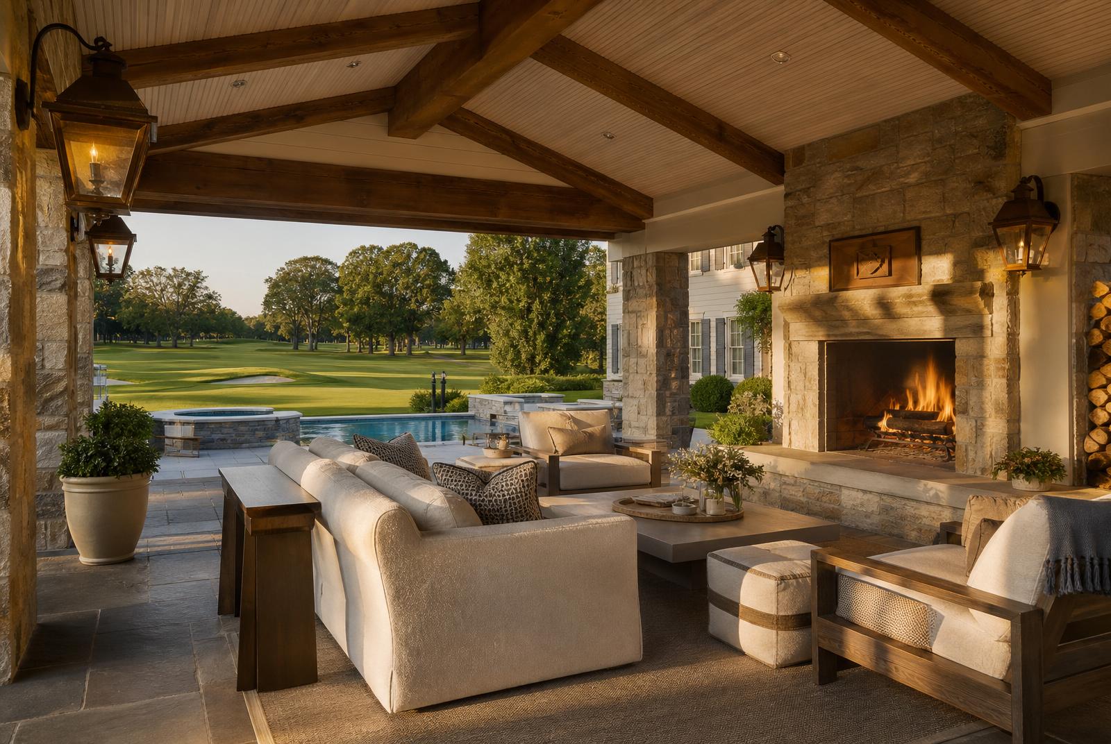 Infinity edge pool at dusk with outdoor pavilion and fireplace