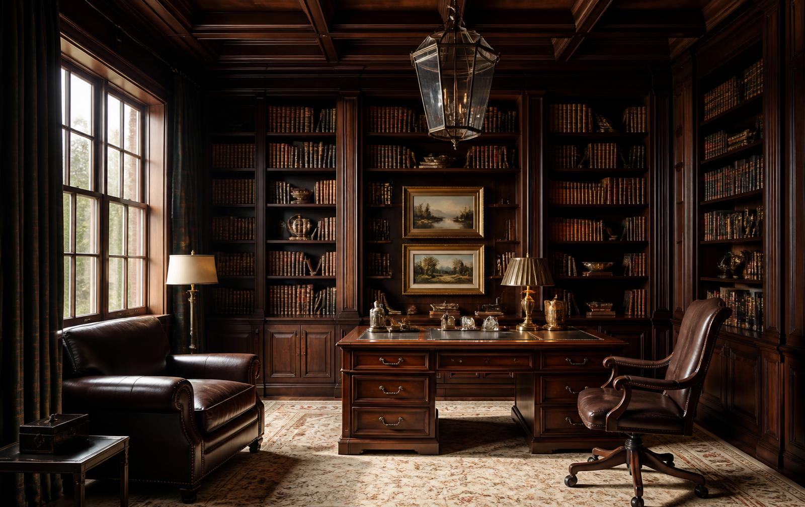 A walnut-paneled study with floor-to-ceiling bookshelves and a leather club chair