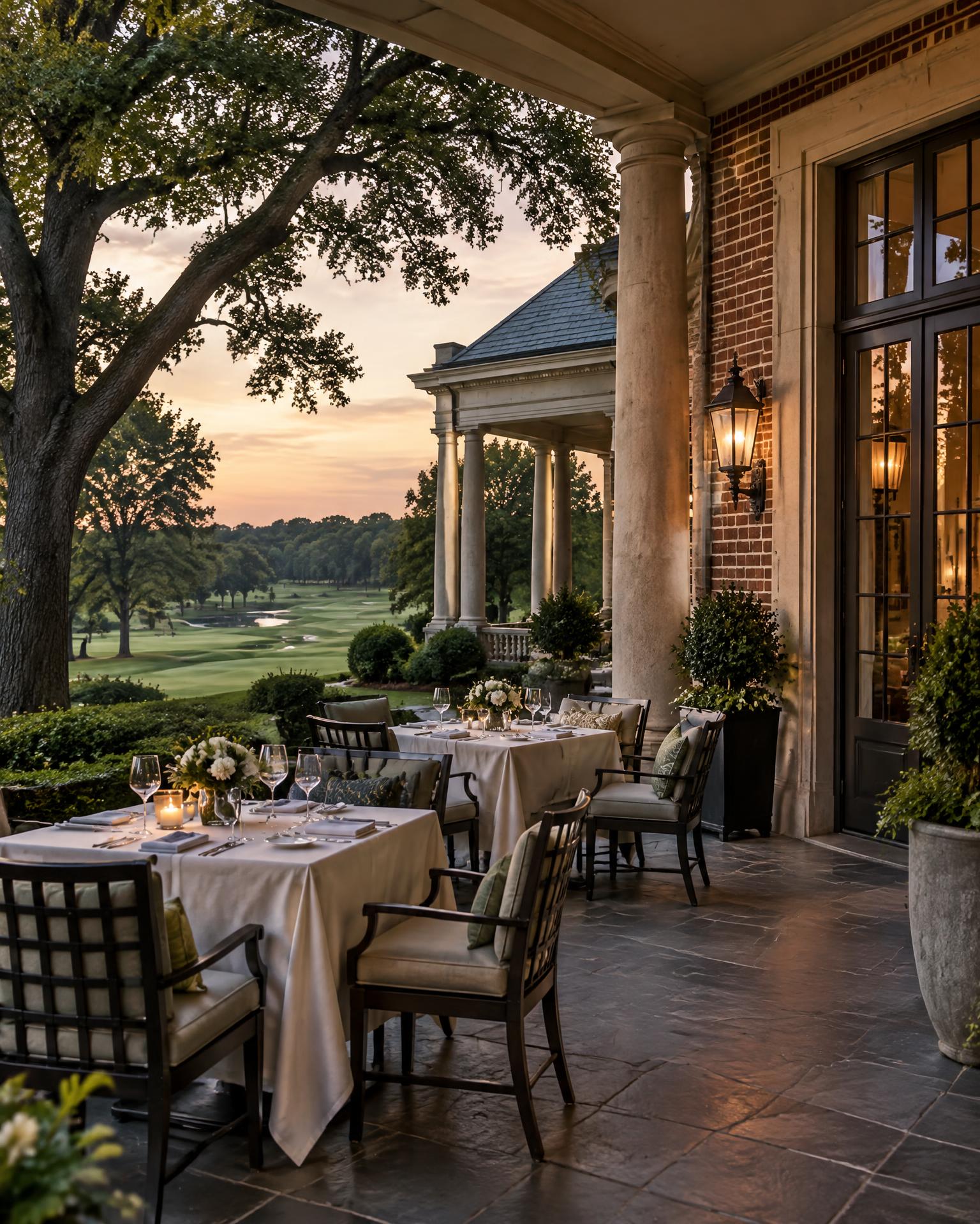 Elegant clubhouse exterior with white columns at dusk