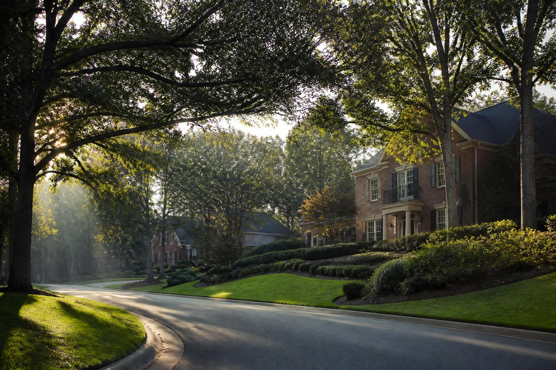 A curving residential street in an established Charlotte golf community with mature oaks and brick homes