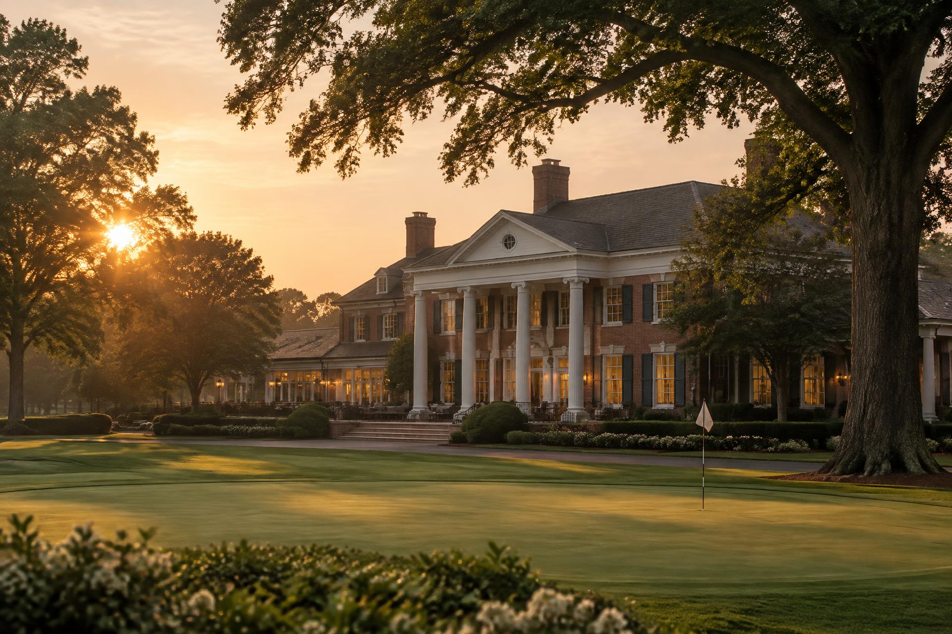 A brick Georgian clubhouse seen across a manicured putting green at golden hour, framed by mature oaks