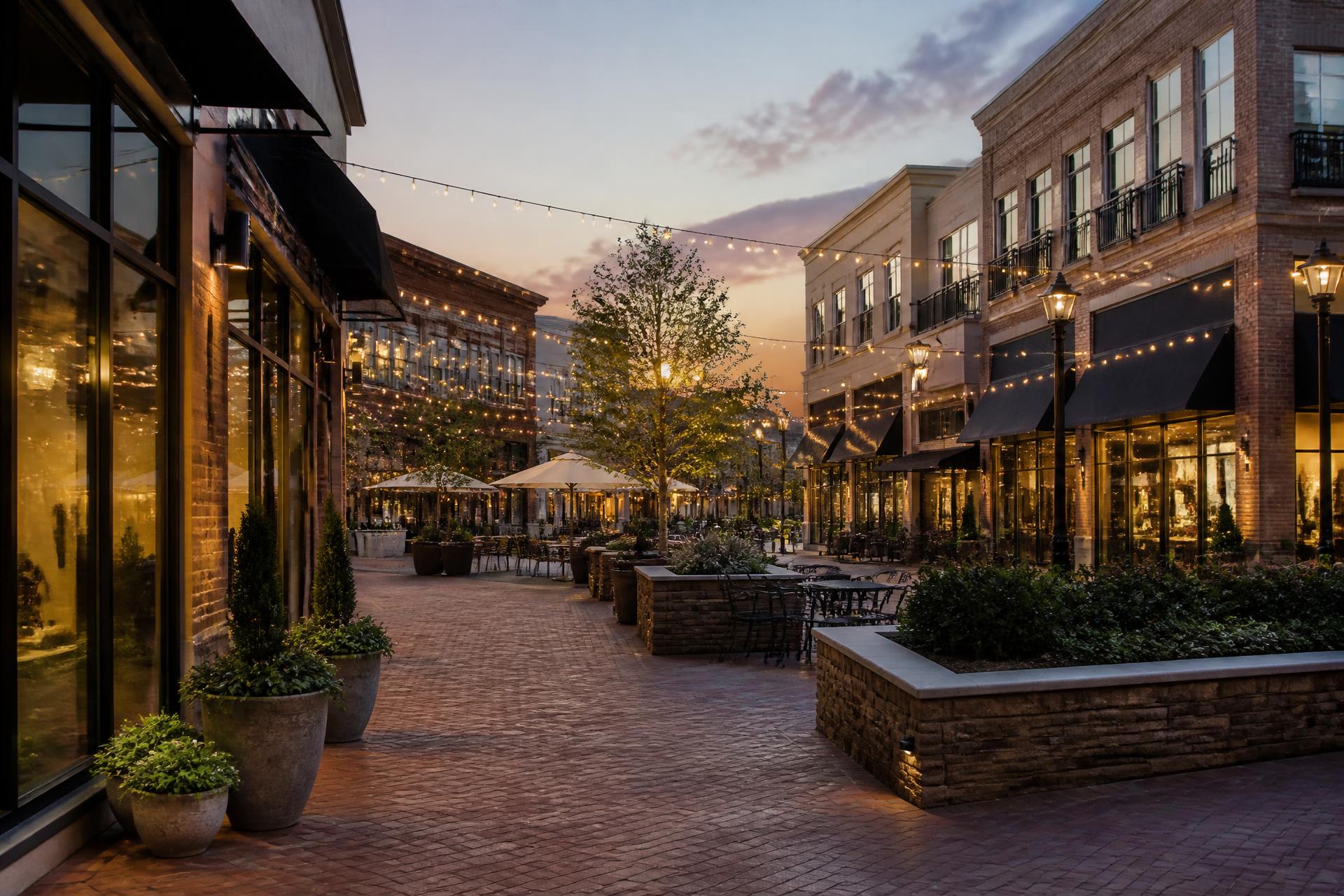 An upscale open-air shopping and dining plaza in suburban Charlotte at dusk with string lights and outdoor cafe seating