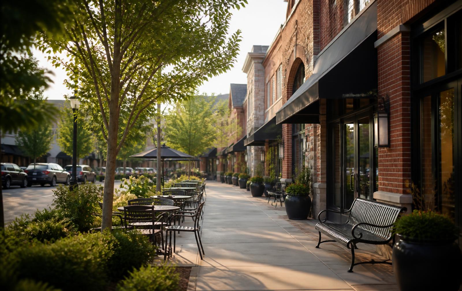 An upscale shopping village streetscape with brick storefronts, awnings, and cafe tables